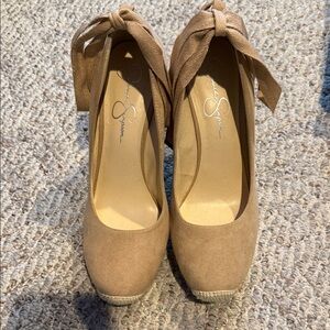 Jessica Simpson Beige Espadrille Wedges with Bow